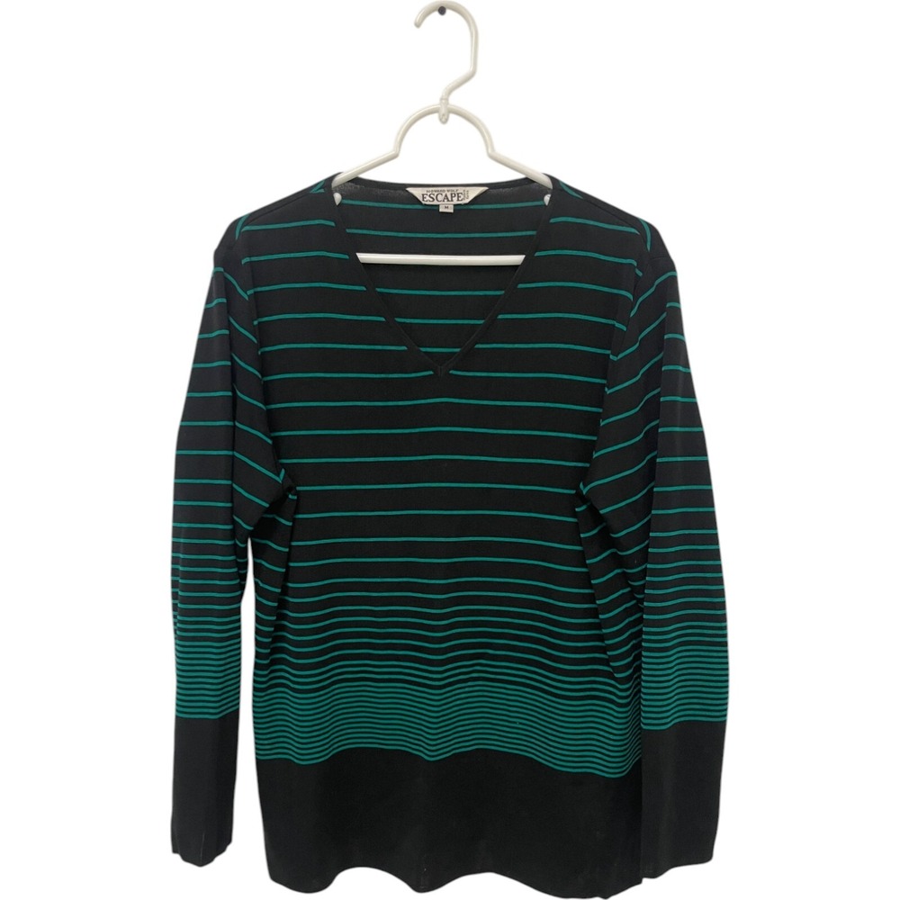 Howard Wolf Escape Sweater Green Striped Womens M‎ Pullover V Neck Long Sleeve